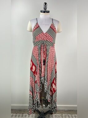 💚 3598. Bohemian Red Paisley Maxi Dress